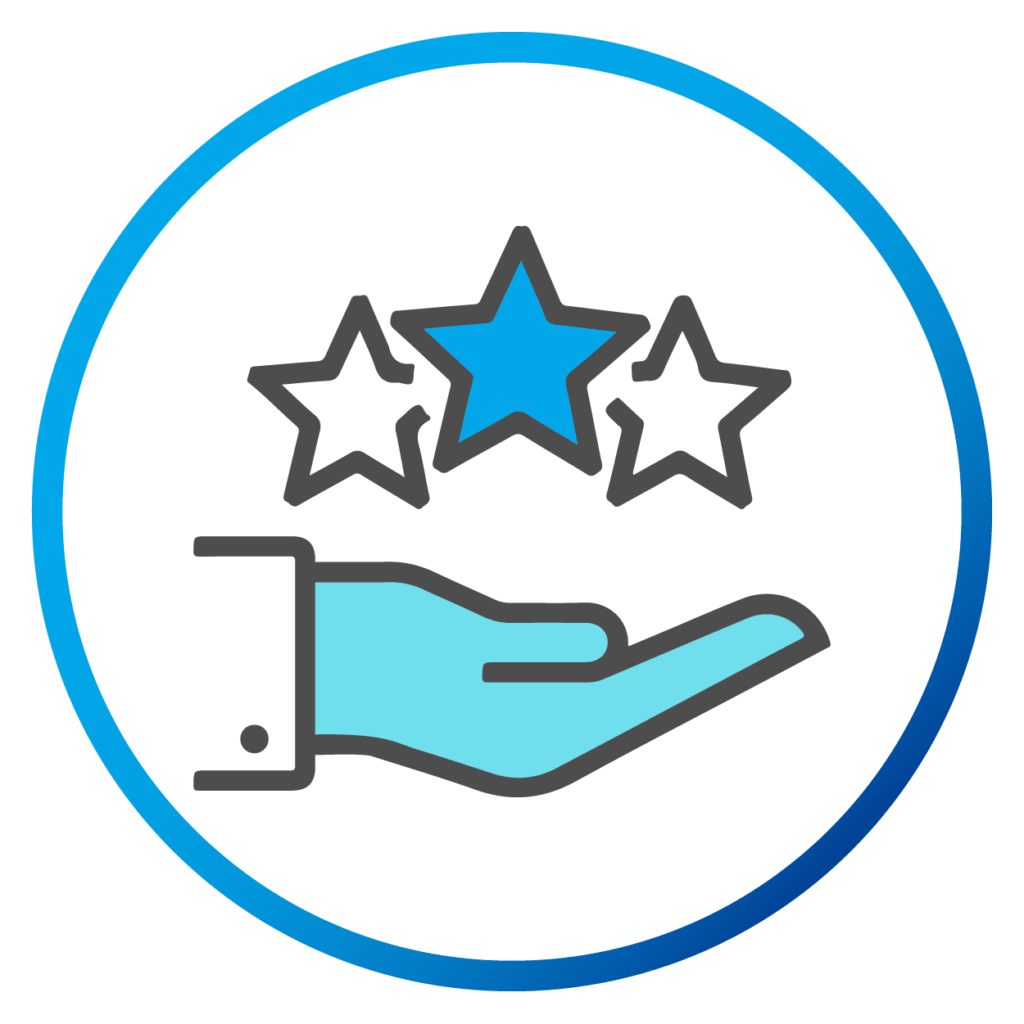 Icon depicting a hand holding three stars, symbolizing quality service and customer satisfaction.