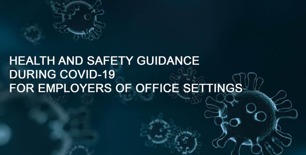 Image featuring COVID-19 health and safety guidance for employers in office settings, with a background of virus graphics.
