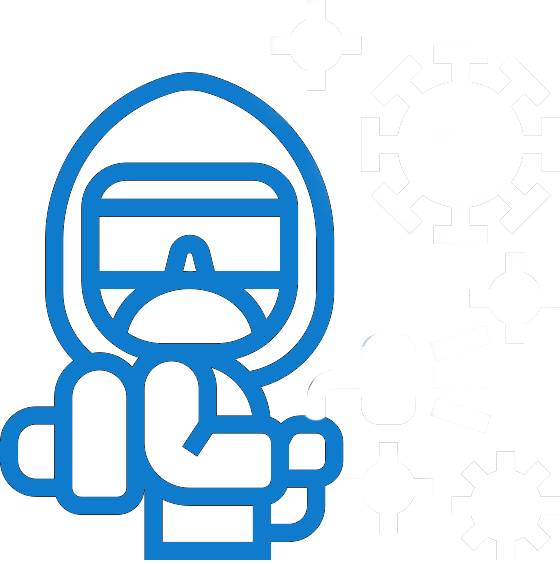 Illustration of a character in protective gear, holding a spray tool, surrounded by virus-like icons, symbolizing health and safety measures against infections.