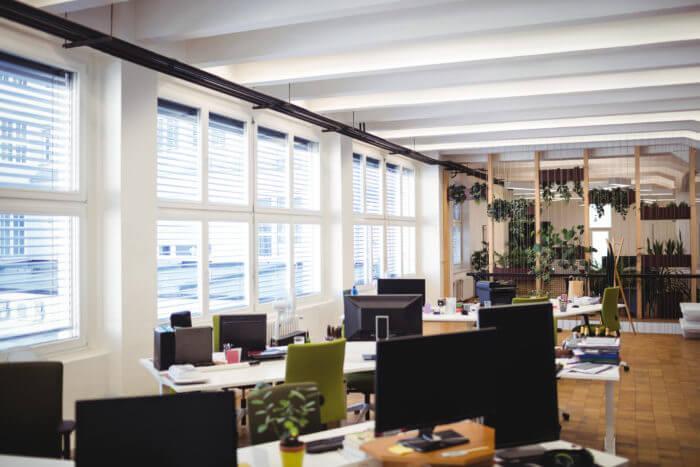 Modern office interior with multiple desks, computers, and plants, featuring large windows that provide natural light and a spacious atmosphere.