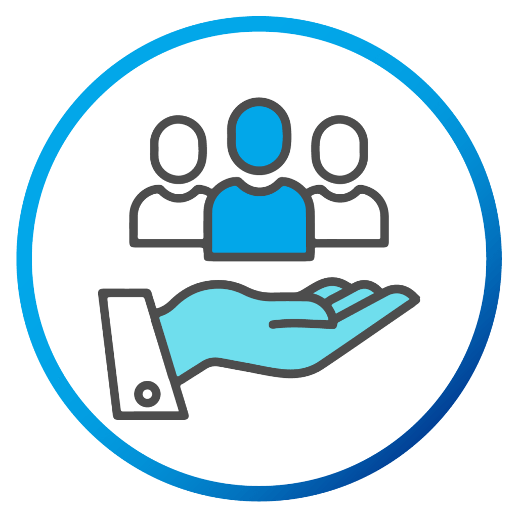 Icon depicting a hand holding a group of people, symbolizing support, community, or customer service.