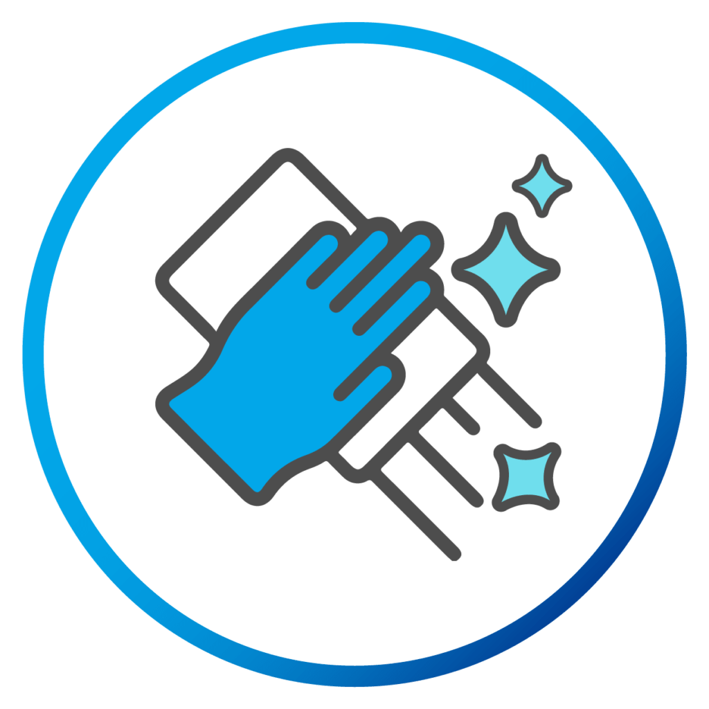 Icon of a gloved hand cleaning with a cloth, symbolizing cleanliness and hygiene.