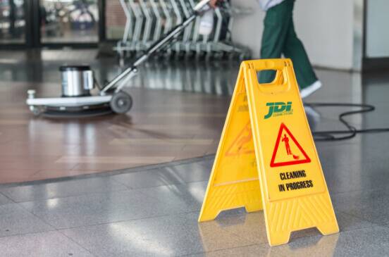 Yellow caution sign indicating cleaning in progress at an airport terminal, with a floor cleaning machine in the background.