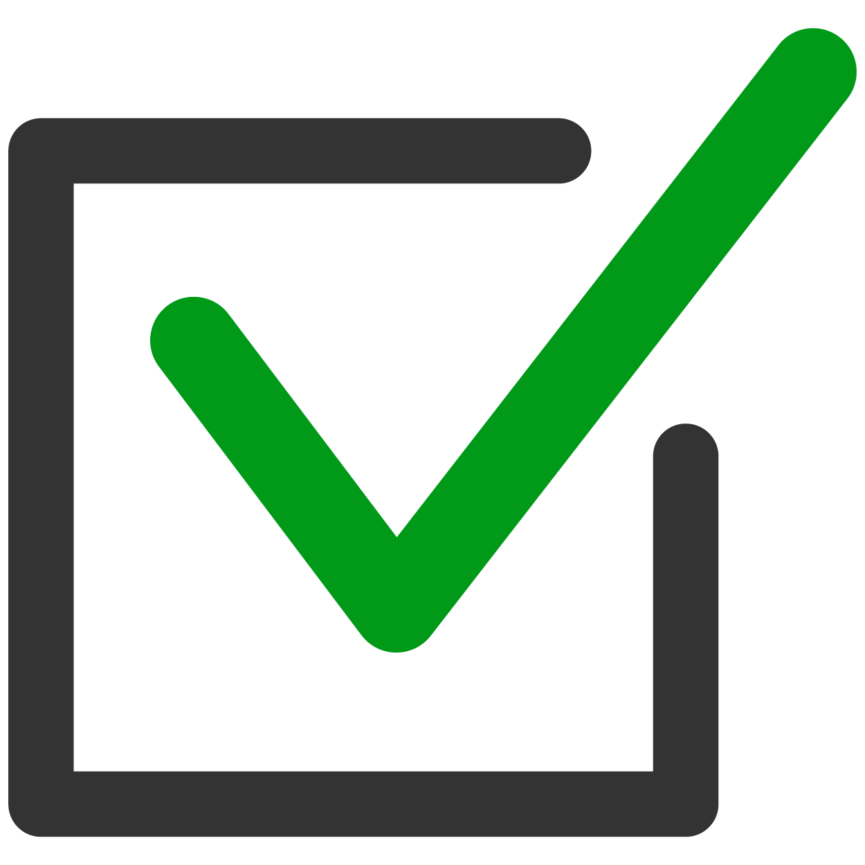 Green checkmark inside a black square outline, symbolizing completion or approval.