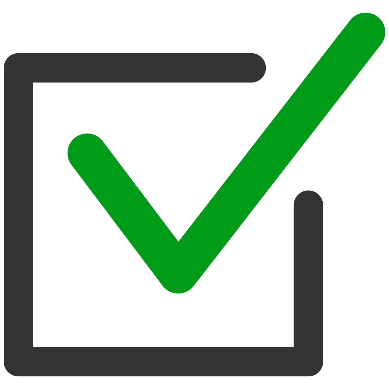 Green checkmark symbol inside a black square outline, representing approval or completion.
