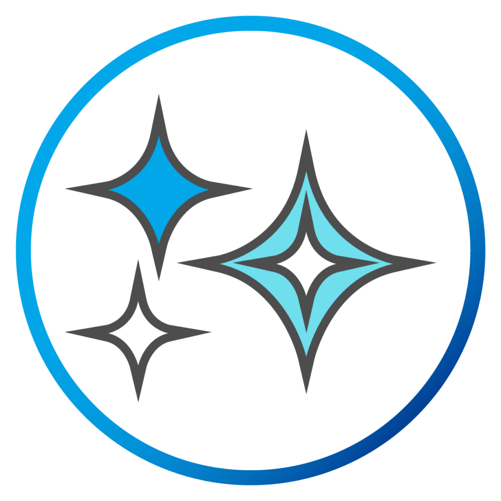 Icon featuring three sparkling stars in shades of blue and turquoise, set against a circular white background. Ideal for representing cleanliness, freshness, or a magical theme.